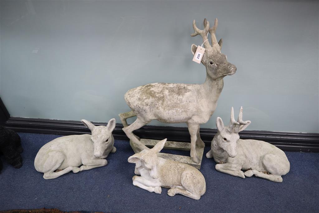Four reconstituted stone deer garden ornaments, largest 88cm high